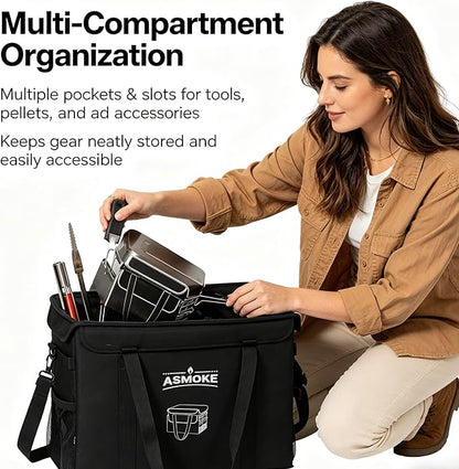 ASMOKE Essential Storage Bag - Custom Fit Grills & BBQ Accessories, Weather-Resistant, Multi-Compartment Design with Carrying Handles, Foldable for Compact Storage