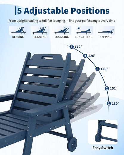 HDPE Lounge Chair Outdoor with Cup Holder, 5-Position Backrest & Wheels | All-Weather & Wood Textured for Patio Poolside Deck Backyard, Navy Blue