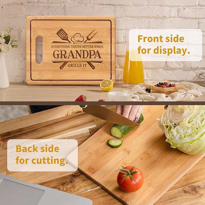 Fathers Day Grandpa Gifts, 11x8.5inch Engraved Bamboo Cutting Board, Best Christmas Birthday Gifts for Grandpa, Grandfather Present from Grandkids Grandchildren