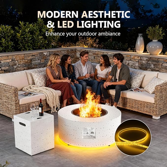 2-Piece Outdoor Propane Fire Pit Table Set w Tank Side Table 30'' Round Fire Pit Table 2-in-1 Firepit Table for Outside Gas Fire Pit w 304 Stainless Steel Burner 50,000 BTU, Speckled White w Warm LED
