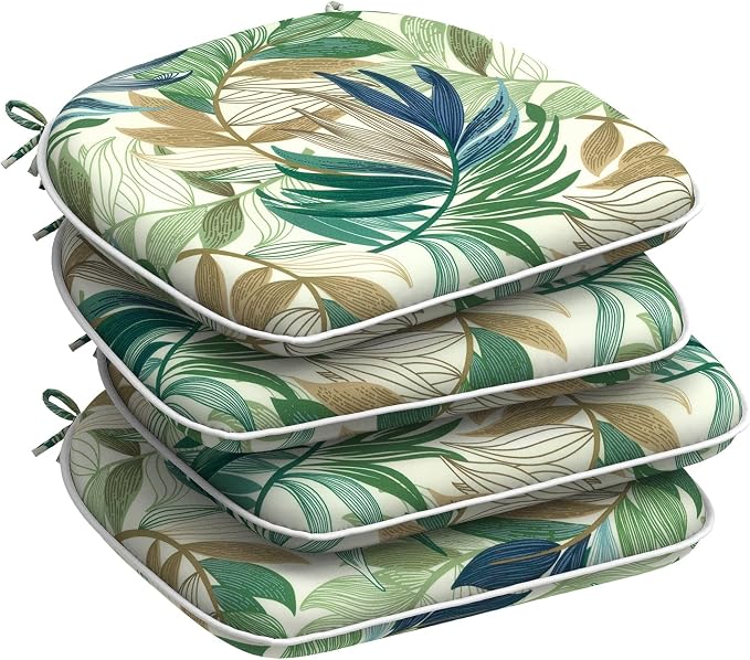 DYTXIII Set of 4 Outdoor Chair Cushions with Ties,Water Repellent Patio Chair Pads 17"x 16" for Outdoor Furniture,Round Corner Seat Cushions for Garden Yard Kitchen Lush Leaf Green