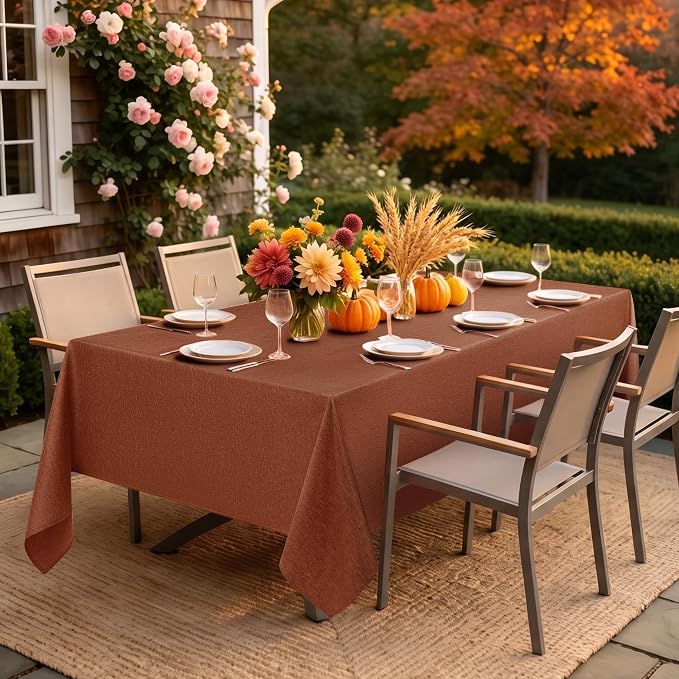 Decorelia Fall Rectangle Tablecloth for Dining Table Burnt Orange,60"x84" | Waterproof Linen Texture Terracotta Washable Rectangluar Table Cloth Cover for Thanksgiving,Party Autumn Home Kitchen Decor