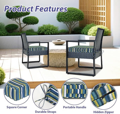 IPYNBAP Outdoor Chair Cushions Set of 4 -Waterproof Outdoor Seat Cushions for Patio Furniture, Patio Chair Cushion with Handle and Ties, Out Door Chair Pads,19x19x3-Square, Blue Stripe