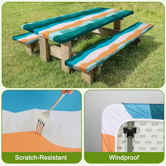 Picnic Table Cover with Bench Covers Windproof Waterproof Picnic Table Covers Camping Tablecloth with Self-Storage Bag, 72in, Orange