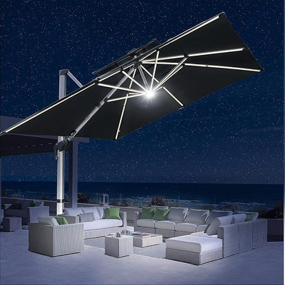 10x10 FT Square Cantilever Patio Umbrella with Solar LED Lights and Cross Base, 360° Rotation Large Heavy Duty Offset Outdoor Umbrella with Easy Tilt for Pool Backyard Deck Garden, Grey