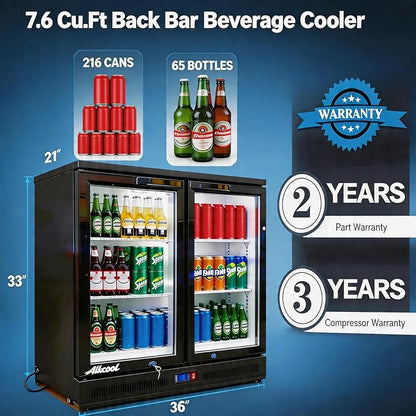 Back Bar Cooler Under Counter Beverage Refrigerator, 7.2 Cu Ft Undercounter Fridge,2 Door 35.5 inch Commercial Beer Built-In Cooler with LED Light Adjustable Shelves Safety Locks,ETL Approval