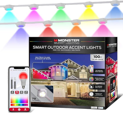 Monster Smart Permanent Outdoor Lights, 100ft, 72 LED Eaves Lights, RGB+IC+WW, Weather & Water Resistant, App & Voice Control, Compatible with Alexa and Google, for Patios, Gardens & Year-Round Use