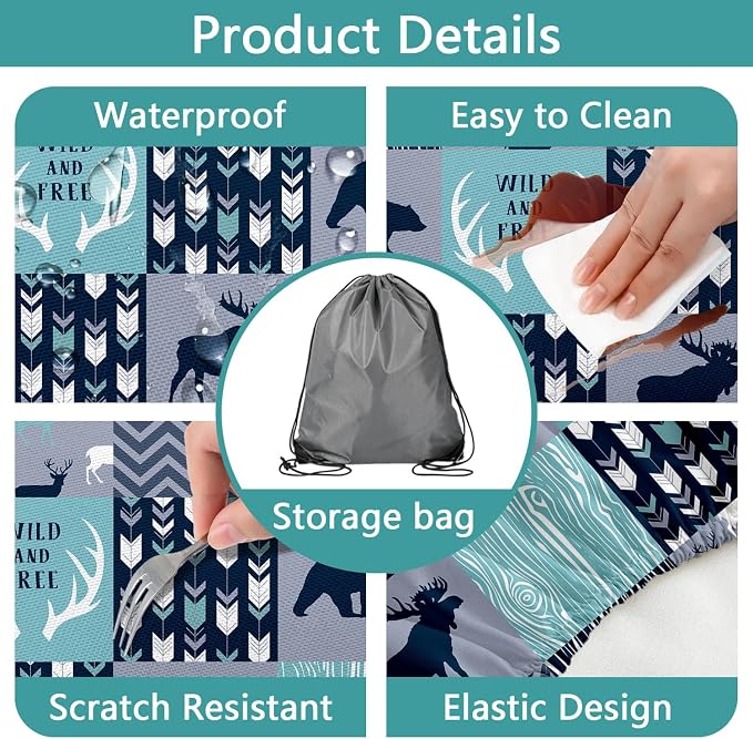 Picnic Table Cover with Bench Covers, Camping Essentials, Rustic Cabin Deer Bear Stripes Waterproof Windproof Patio Table Cover, Fitted Tablecloth Cover with Elastic Edge for Outdoor 3 PCS 30x60 Inch