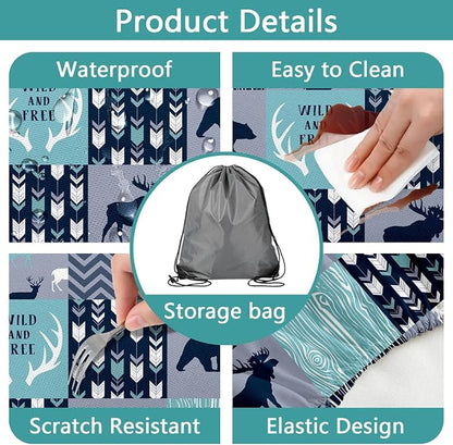 Picnic Table Cover with Bench Covers, Camping Essentials, Rustic Cabin Deer Bear Stripes Waterproof Windproof Patio Table Cover, Fitted Tablecloth Cover with Elastic Edge for Outdoor 3 PCS 30x72 Inch