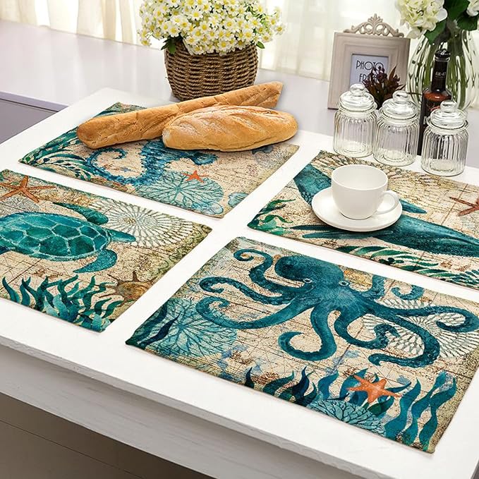 Sea Turtle Table Mats Set of 4 Beach Ocean Theme Placemats Waterproof Heat Resistant Washable Non-Slip Place Mats for Dinner Room Kitchen Decor Table 12”×16”