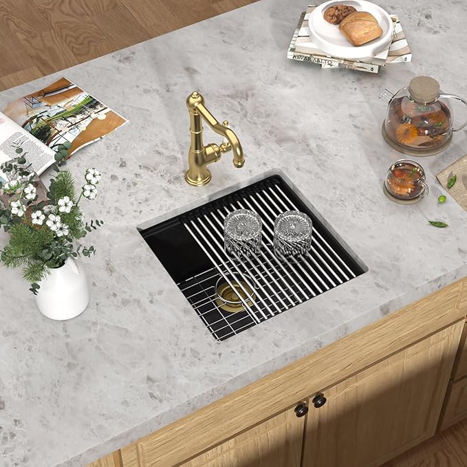18x18 Inch Undermount Bar Sink Workstation - Matte Black Granite Composite Single Bowl Classic Quartz Under Counter Small Wet Prep Sink for Kitchen Bar, RV, and Boat #TLGU-130