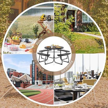 COSTWAY Round Picnic Table with Umbrella Hole, Outdoor Picnic Table with Bench Set for 4-8 People, HDPE Tabletop, Patio Dining Furniture Set for Family Gatherings, BBQ Party, Backyard (Black)