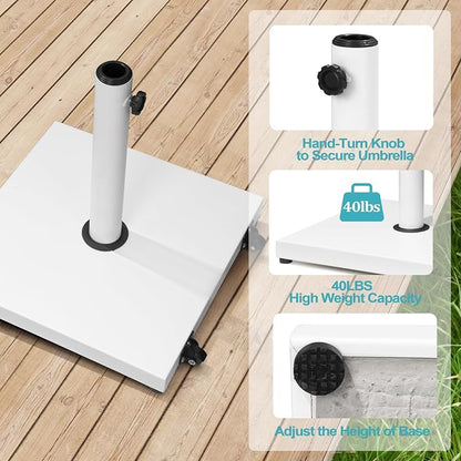 Patio Umbrella Base with Wheels, 43lbs White Outdoor Umbrella Stand | With 2 Wheels, Square Heavy Duty Base, Suitable for 6-12FT Market & Fringe Umbrella, for Deck, Lawn, Pool