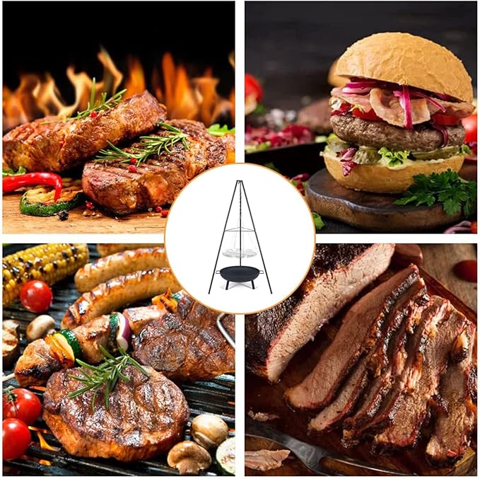 Portable Charcoal Grill for Camping BBQ Grills Outdoor Barbecue Grill with Adjustable Height Tripod Fire Pit and Stainless Steel Net for Campfire Cooking Patio Heater and Pot Rack,A-1