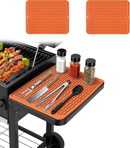 2 Pack Silicone Grill Tools Mat for Blackstone Weber Traeger Pit Boss Flat Top Grill Smoker,BBQ Accessories Pad Mats for Outdoor Kitchen Counter Cooking, Side Shelf Spatula Mat,Gifts for Men (Orange)