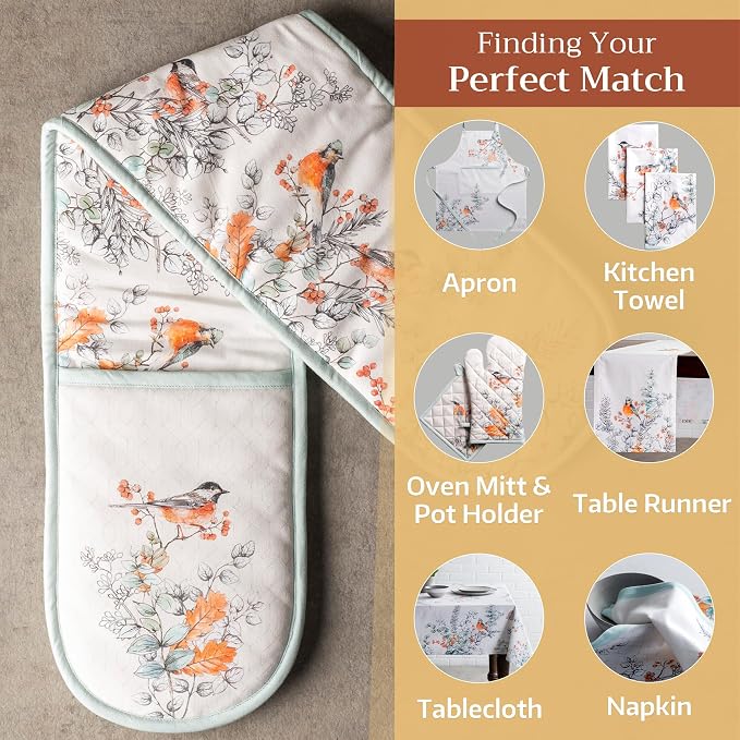 Maison d' Hermine Double Oven Mitts 100% Cotton Double Oven Glove (7"x35") | Heat Resistant BBQ Cooking Gloves with Loop Baking Kitchen Home Farmhouse Thanksgiving Christmas - Whitish Shabby Chique