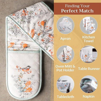 Maison d' Hermine Double Oven Mitts 100% Cotton Double Oven Glove (7"x35") | Heat Resistant BBQ Cooking Gloves with Loop Baking Kitchen Home Farmhouse Thanksgiving Christmas - Whitish Shabby Chique