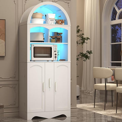 kepptory 75”Arched Pantry Cabinets with Microwave Shelf, Tall Kitchen Pantry Storage Cabinet with Drawer and Adjustable Shelves, Cupboards with LED Light for Kitchen, Living Room, Dining Room Use