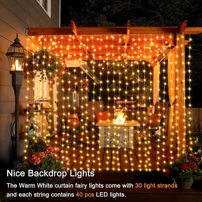 1200 LED Curtain Fairy Lights 10Ftx10Ft with Timer Remote Control Plug in | 8 Modes Curtain Lights Outdoor Waterproof Christmas String Lights forBedroom Backdrop Wedding Party Decoration, Warm White