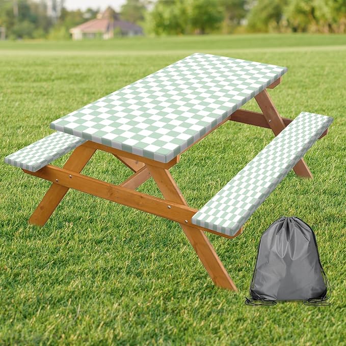 Picnic Table Cover with Bench Covers and Bag, Sage Green and White Checkered Buffalo Plaid Camping Tablecloth Waterproof Elastic Edges Fitted Gingham Tablecloth for Outdoor Garden 3PCS 30x96 Inch