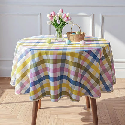 Easter Waterproof Polyester Tablecloth, Pastel Checkered Fabric Table Cover for Spring Party, Kitchen Dining Decor, Easy Care Cloth Tablecloth for Indoor Outdoor Use, 60" Round