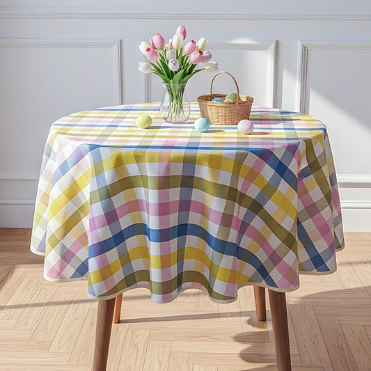 Easter Waterproof Polyester Tablecloth, Pastel Checkered Fabric Table Cover for Spring Party, Kitchen Dining Decor, Easy Care Cloth Tablecloth for Indoor Outdoor Use, 60" Round