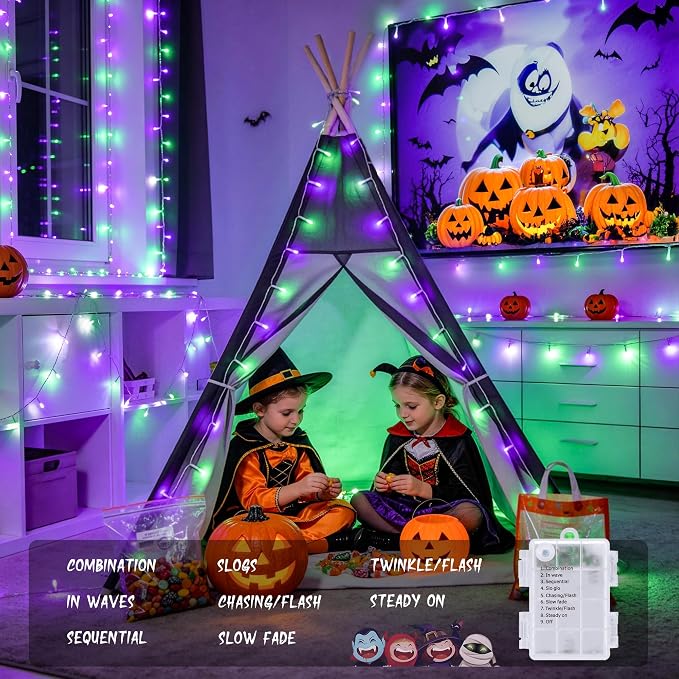 JMEXSUSS 2 Pack 66FT 200 LED Battery Operated Halloween Lights with Remote | Purple and Green Halloween Lights Indoor Outdoor, 8 Modes String Lights for Outside Yard Tree Front Porch Room House
