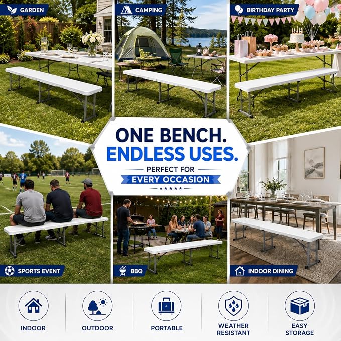 Plastic Folding Bench - Portable Bench Used for Indoor, Outdoor, Picnic, Party, Camping, Dining Seat, Garden Soccer Multipurpose Entertaining Activities, White (1, White, 6 Feet)