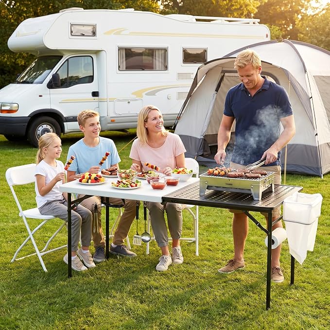 5ft Folding Table for Picnic Camping, Portable Outdoor Table with Metal Grid Grilling Surface, Heavy Duty Foldable Table for Cook Prep,Suitable for Camping, Backyard, Patio and Beach