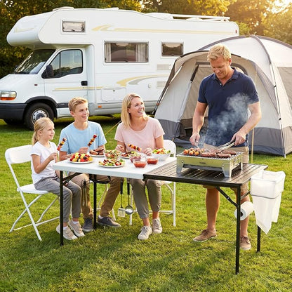 5ft Folding Table for Picnic Camping, Portable Outdoor Table with Metal Grid Grilling Surface, Heavy Duty Foldable Table for Cook Prep,Suitable for Camping, Backyard, Patio and Beach