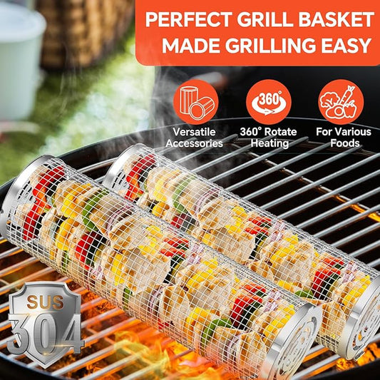 Grill Basket, Stainless Steel Rolling Grill Basket Mesh for Fish, Shrimp, Meat, Vegetables, Fries - Portable Barbeque Accessories for Outdoor Grilling