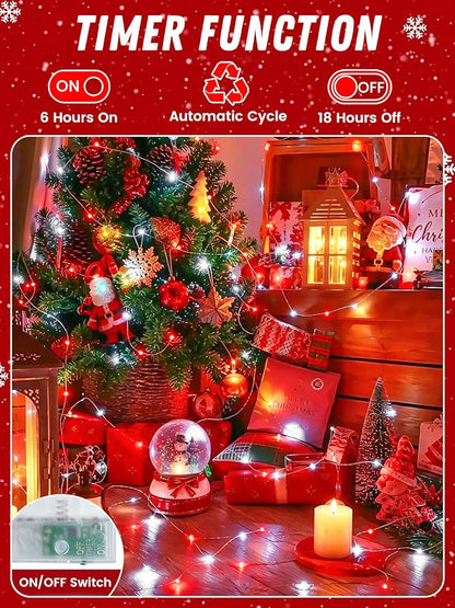 4Pack 60LED Fairy Lights Battery Operated with Timer, 20 FT Red and White | Cuttable Copper Wire, Waterproof Battery String Lights for Indoor Outdoor, Wedding, Bedroom, Home, DIY, Christmas Decorations