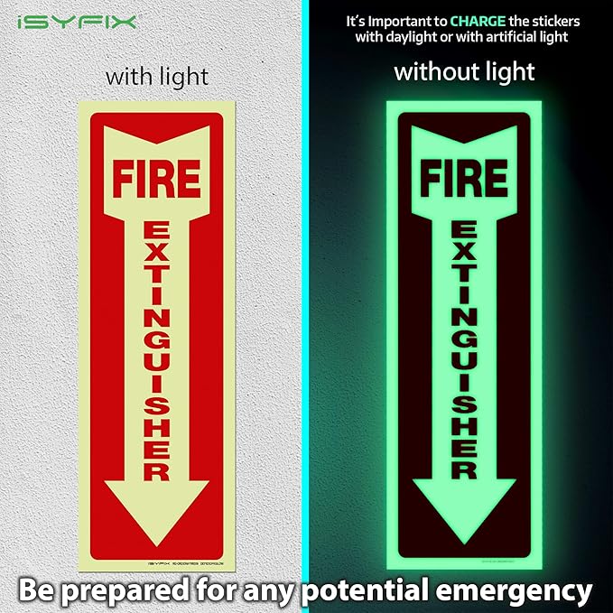 iSYFIX Fire Extinguisher Glow in the Dark Sticker Sign – 3 Pack 4x12 Inch – Premium Self-Adhesive Vinyl, Laminated for Ultimate UV, Weather, Scratch, Water and Fade Resistance, Indoor and Outdoor