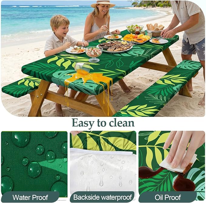 Picnic Table Cover Bench Covers Camping Essentials Tablecloth | Waterproof Vinyl for Outdoor, Windproof Elastic Fitted Edges, RV BBQ Accessories Must Haves, Storage Bag Included