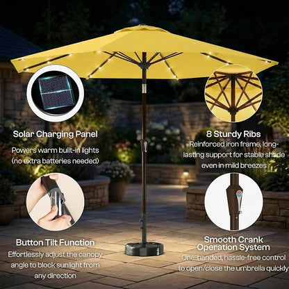 10FT Solar Lighted Patio Umbrella, Outdoor Table Market Umbrellas with Push Button Tilt and Crank, 32 LED Lights, 8 Sturdy Ribs, UV-Resistant for Deck, Garden, Pool