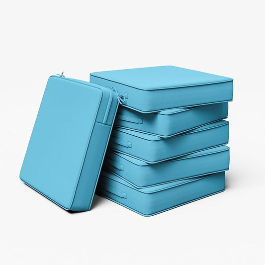 Outdoor Chair Cushion 19 x 19 x 4 Inches Patio Furniture Outdoor Waterproof Seat Cushion, Patio Chair Cushion with Handles and Ties, Square Dining Chair Cushion Set of 6, Lake Blue