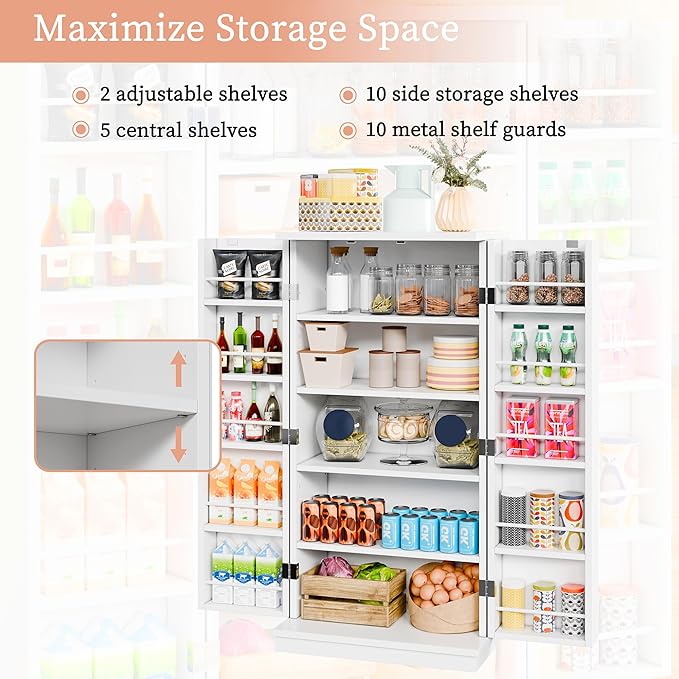 47in Kitchen Pantry Cabinet, Wood Kitchen Storage Pantry Cabinets Freestanding Pantries Cabinets with Doors & Adjustable Shelves, White