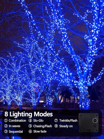 EEW Solar String Lights Outdoor 2 Pack 200 LED Solar Christmas Lights Blue | 8 Lighting Modes, Memory Function, Auto On/Off, 66FT Waterproof Twinkle Lights for Outside Patio Yard Xmas Tree Decorations