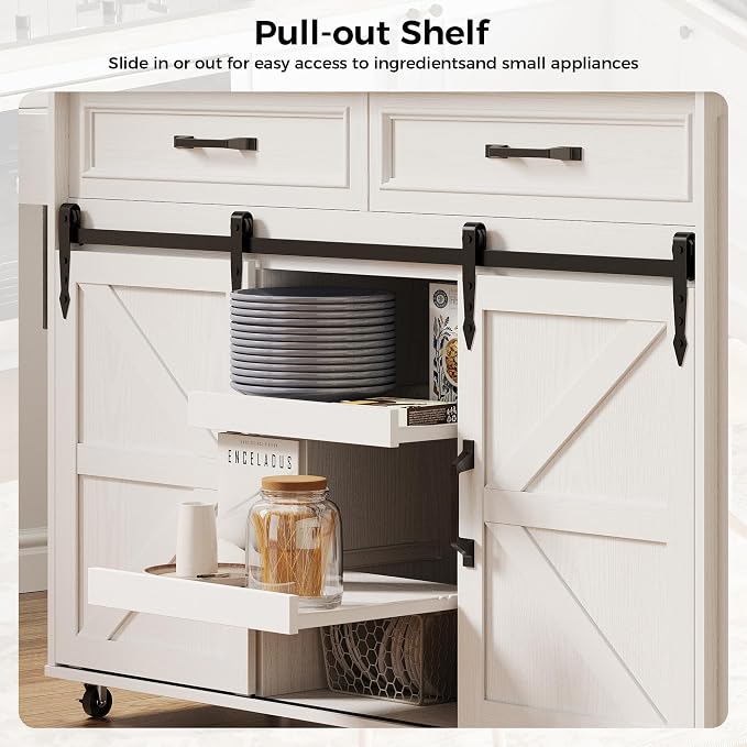 IRONCK Kitchen Island with Storage, Rolling Kitchen Island Cart with Drop Leaf Countertop and Pull-Out Shelf, Barn Doors, for Dining Room, Home Bar, White
