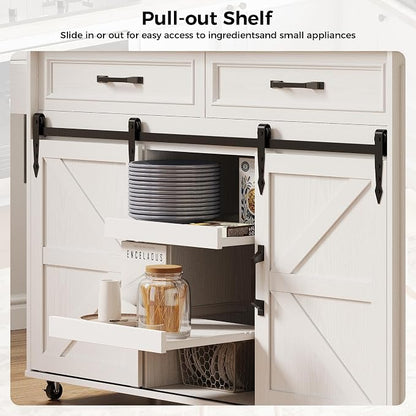 IRONCK Kitchen Island with Storage, Rolling Kitchen Island Cart with Drop Leaf Countertop and Pull-Out Shelf, Barn Doors, for Dining Room, Home Bar, White