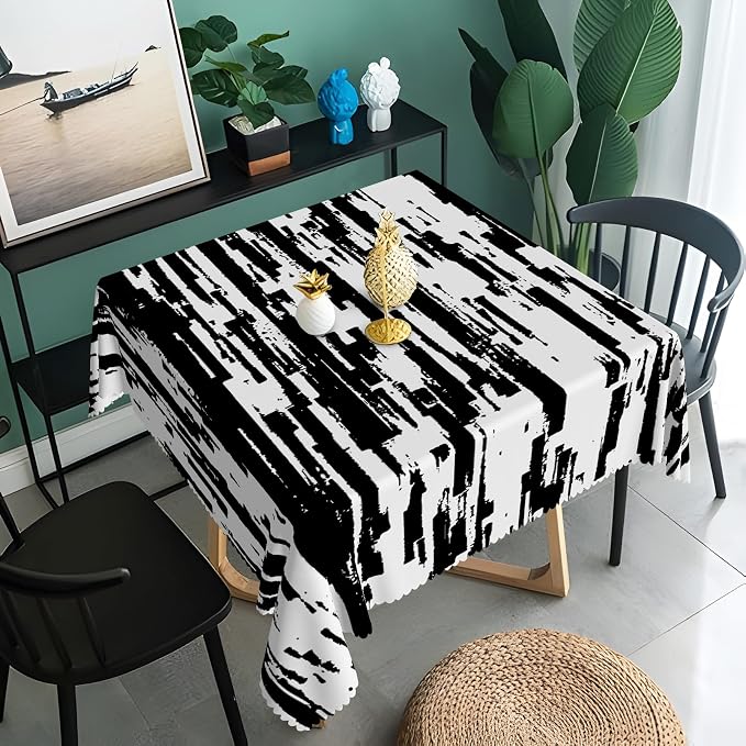 Black and White Striped Fabric Waterproof Square Tablecloth Vintage Texture Grain Square Table Cloth Dust-Proof Square Table Cover Protector for Restaurant Picnic Camping BBQ 60x60 Inch