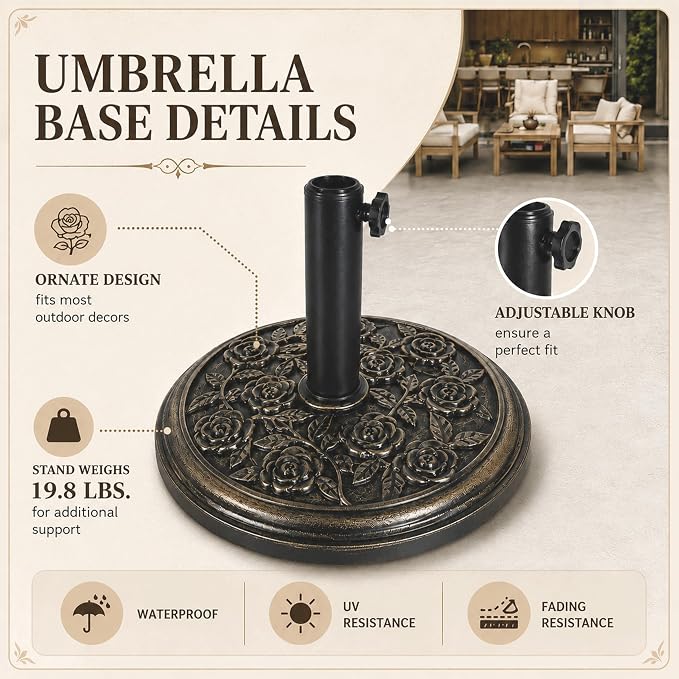 19.8 Lbs Round Umbrella Stand, Heavy Duty Weighted Base for Outdoor Market Parasols, Stable Holder for Patio Deck Lawn Garden Poolside, Bronze