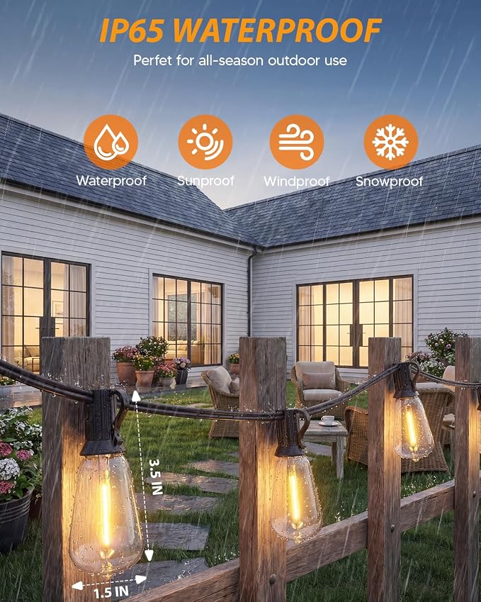 Outdoor String Lights 27FT, 15+2 Shatterproof Bulbs ST38, 1.5FT Spacing, IP65 Waterproof | Dimmable with Remote, Heavy-Duty, Include Screw & Zip Ties for Patio Backyard Holiday Outside