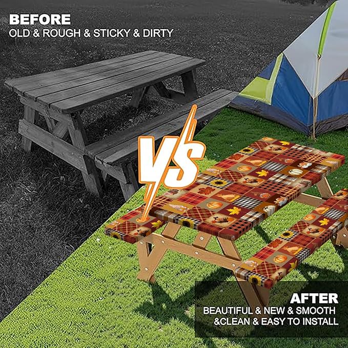 Fall Pumpkin Picnic Table Cover with Bench Covers Thanksgiving Maple Leaves Sunflower Plaid Camping Tablecloth Waterproof Elastic Edges Fitted Rectangle Tables Cover for Indoor Outdoor 3PCS 30x60 Inch