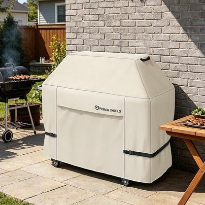Porch Shield 58W x 24D x 46H inch Premium Gas Grill Cover Up to 56 inch, Waterproof and Fade Resistant 600D BBQ Covers for Weber, Brinkmann, Char-Broil and More, Light Tan