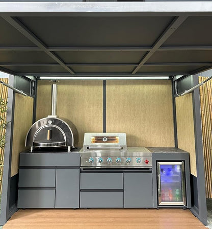 Outdoor Kitchen Set for Catering & Hospitality, Fully Equipped with BBQ Grill, Fridge, Side Burner, Sink, Locking Drawers, Large Prep Space– Prefab Modular Kit for Backyard, Balcony, Rooftop