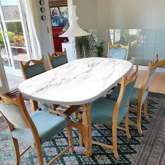 Marble Oval Fitted Tablecloths, Rock Grey Dust Marble Pattern Elastic Edged Table Covers, Fits to 42" x 60" Table, Great for Kitchen Dinning Tabletop or Outdoor Picnic Party Camping Decoration