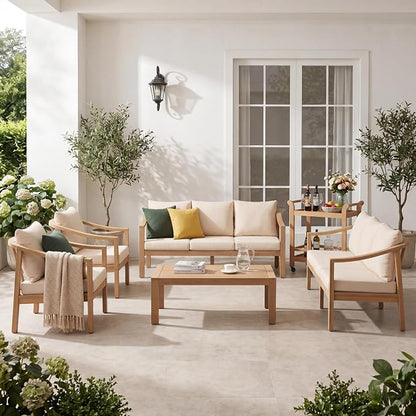 Merax 5 Piece All-Weather Acacia Wood Outdoor Conversation Set, 8-Seater | Patio 2 3-Seater Sofas, 2 Club Chairs with Coushions, 1 Coffee Table for Backyard, Deck, Poolside, Easy Assemble, Teak+ Beige