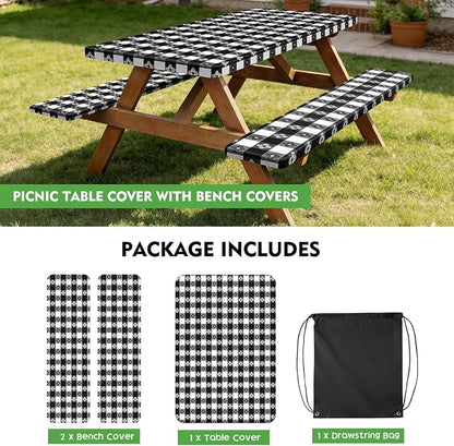 Picnic Table Cover with Bench Covers, Waterproof Tablecloth Set, Four-leaf | Fitted 6ft Tables, for Outdoor Camping, RV, Includes 1 Table Cover(30"x72"), 2 Bench Covers(72"x12"), Drawstring Storage Bag