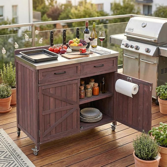 JIVOIT 39.4" Outdoor Kitchen Island with Stainless Table Top, Solid Fir Wood Storage Kitchen Cabinet with Drawer, Adjustable Shelves, Internal Storage Racks & 4 Wheels, Two Doors (Dark Brown/9)